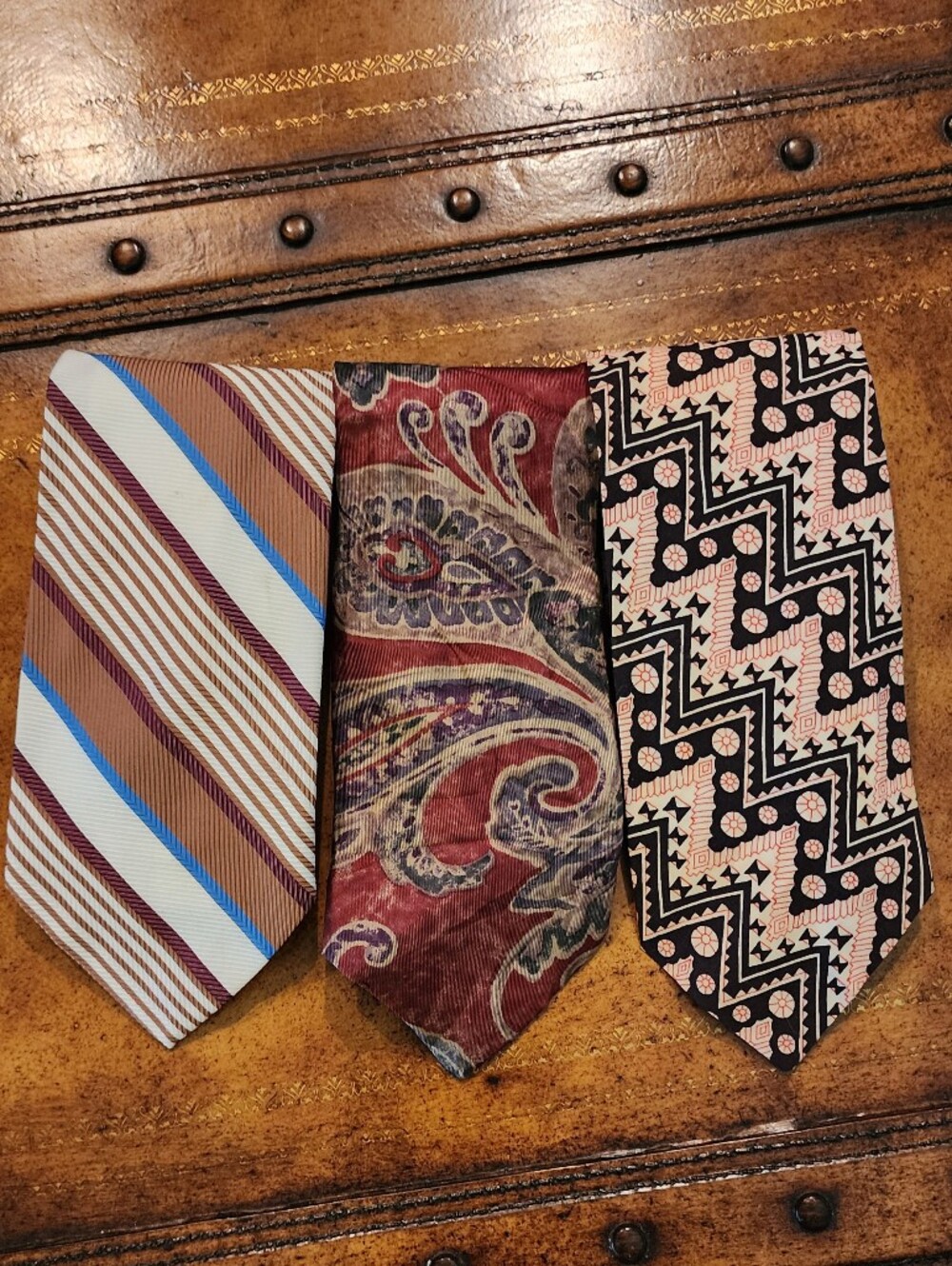 3pc Men’s Tie Lot Kuppenheimer Paisley Stripe Geometric Burgundy Brown